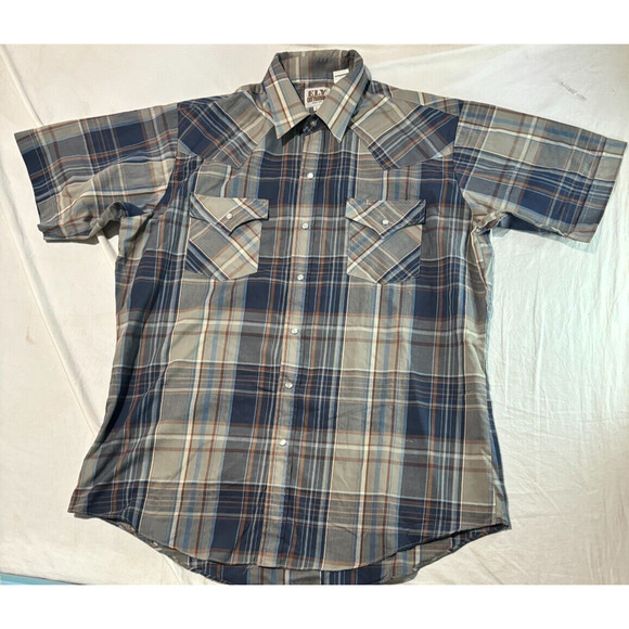 Ely Cattleman Pearl Snap Western Shirt Men's L Gray Plaid Short Sleeve Pockets - Picture 2 of 7